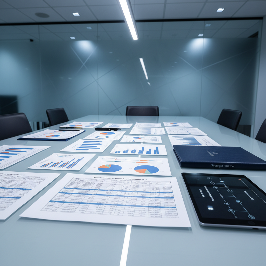 A meticulously arranged financial war room table featuring a large, ultra-thin glass surface covered with neatly aligned printed balance sheets, cash flow statements, and colorful KPI dashboards. A slim, black tablet shows a strategic roadmap timeline in elegant typography, beside a closed navy-blue leather folder with subtle silver embossing reading “Strategic Finance”. Cool, indirect LED lighting from a recessed ceiling casts precise, crisp reflections on the glass surface. In the background, a frosted-glass wall with faint graphs etched into it is softly out of focus. Shot from a slightly elevated angle with photographic realism, the scene feels analytical, composed, and decisively corporate, reflecting high-level financial consulting and planning.